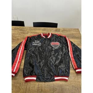 Men's Black and Red Satin Bomber Jacket with Embroidered Swo